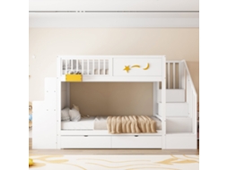 Beliche mezanino infantil 90x200cm de pinho com gavetas, escada de segurança, mesa, prateleiras, estrela branco KOMHTOM