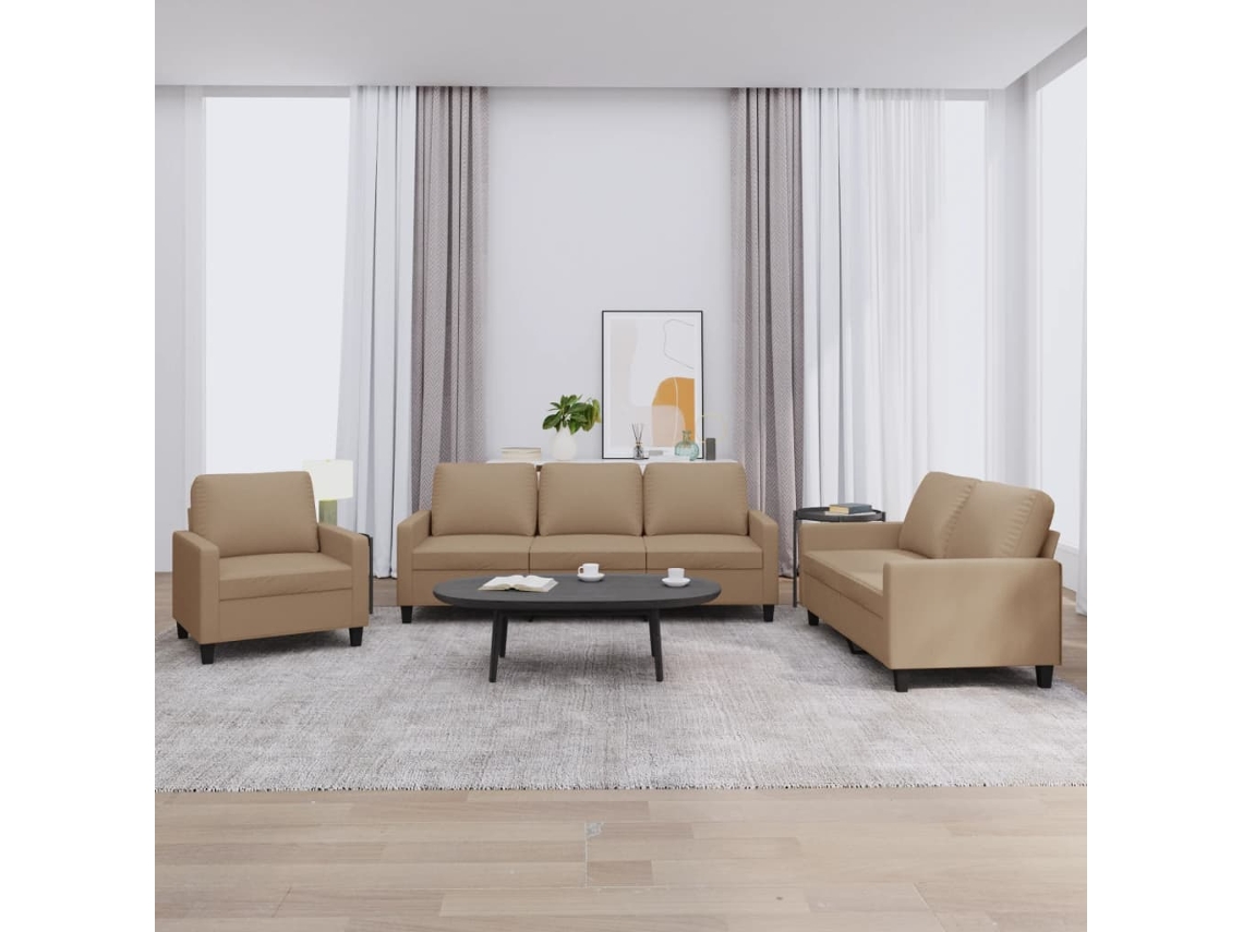 Vidaxl 3 Pcs Conjunto Sofás C/ Almofadões Couro Artificial Cappuccino