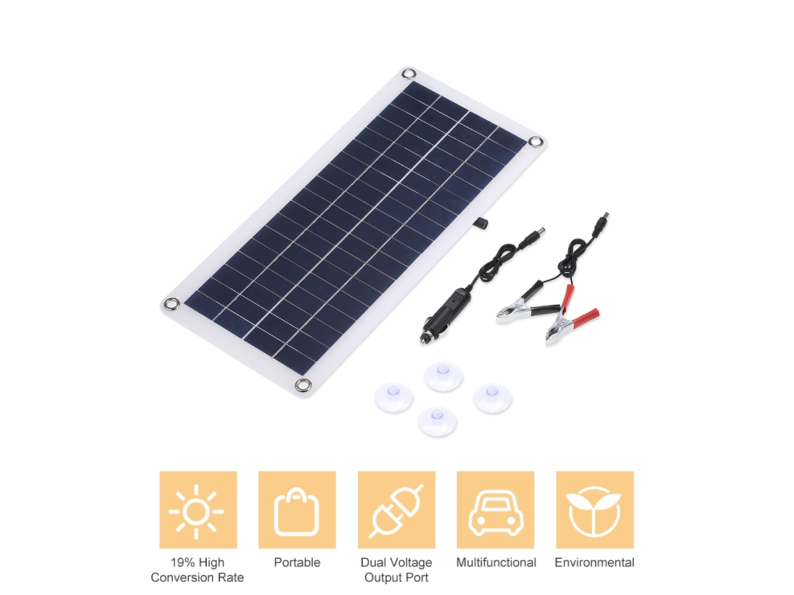 Painel Solar 20w 5v/18v Bivolt com 2 Portas Usb Carregador Carro Ip65 Controlador Pwm 12v/24v