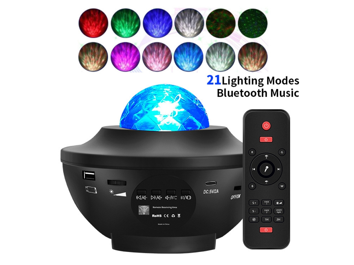 Luminária Noturna Led Giratória com Ondas do Oceano, Projetor de Nebulosas, Reprodutor de Música com Mudança Cor, Bluetooth BRILVIBERA