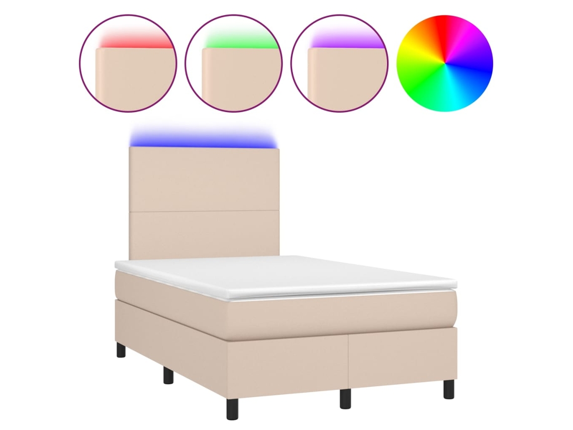 Cama Box Spring com Colchão e Led Couro Artificial Cappuccino MAISON EXCLUSIVE (120x200 cm)
