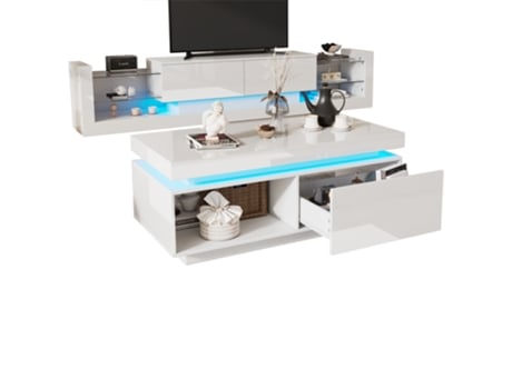Conjunto De Móveis Tv Alto Brilho Branco, Inclui Mesa De Centro E Armário De Parede Panshiyuan (181x38x38cm)