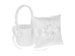 Conjunto de travesseiro para anel e cesto de flores de cetim branco, 7x7 polegadas | S/MARCA