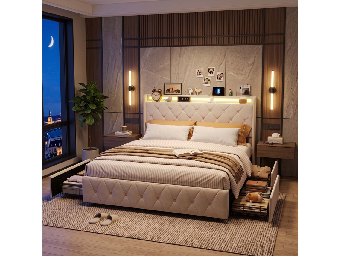 Lazyspace Cama De Casal Estofada Em Veludo 140x200 Cm Com Cabeceira Led, Usb E 4 Gavetas - Bege
