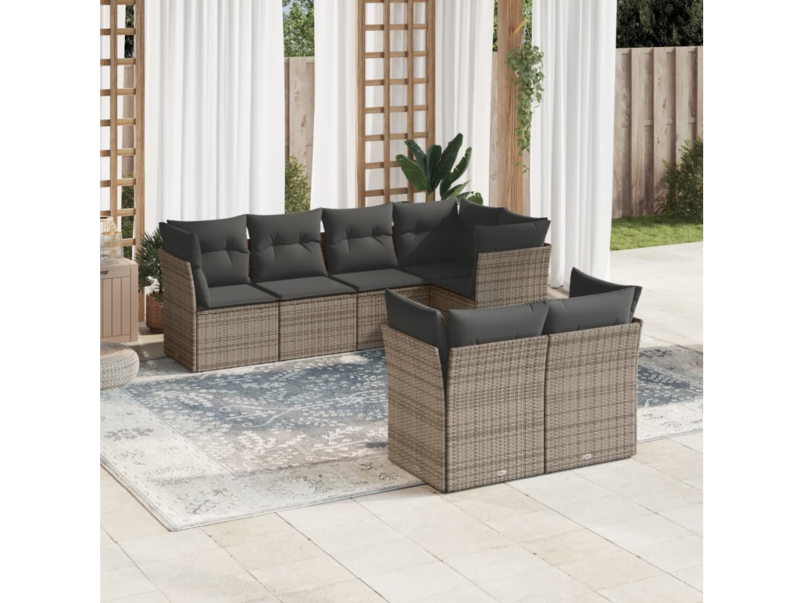 Vidaxl 7 Pcs Conjunto Sofás P/ Jardim C/ Almofadões Vime Pe Cinzento