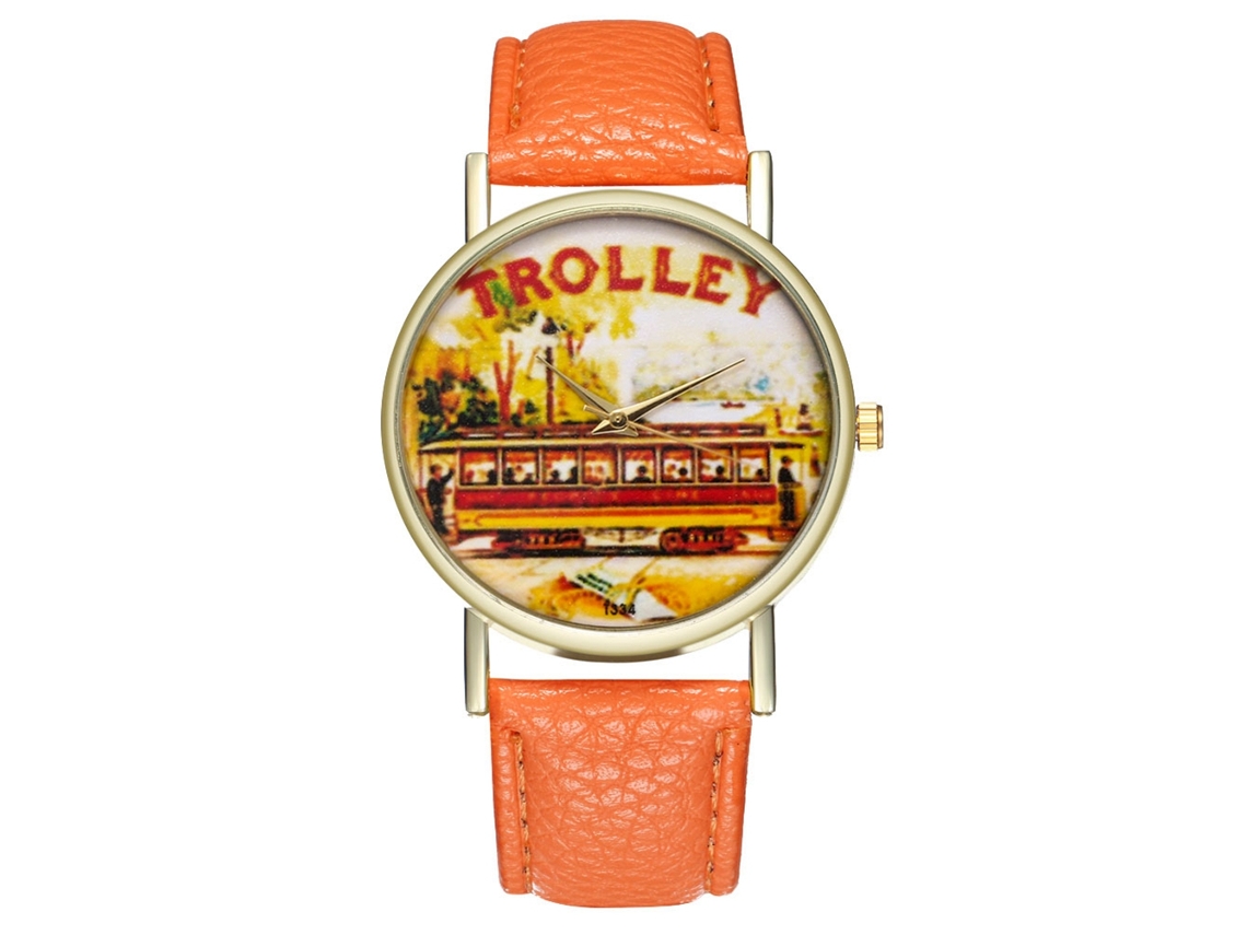 Relógio de pulso unissex de quartzo com pulseira de PU e mostrador redondo com estampa de carrinho (laranja)