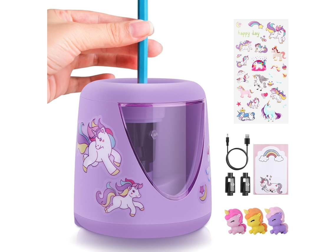 Apontadores elétricos pequenos e coloridos para crianças, perfeitos para uso em casa e na sala de aula. Apontador elétrico com fio Slowmoose.