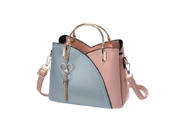 Bolsa de Ombro Feminina de Couro Pu Grande Capacidade Fashion com Pingente Azul e Rosa