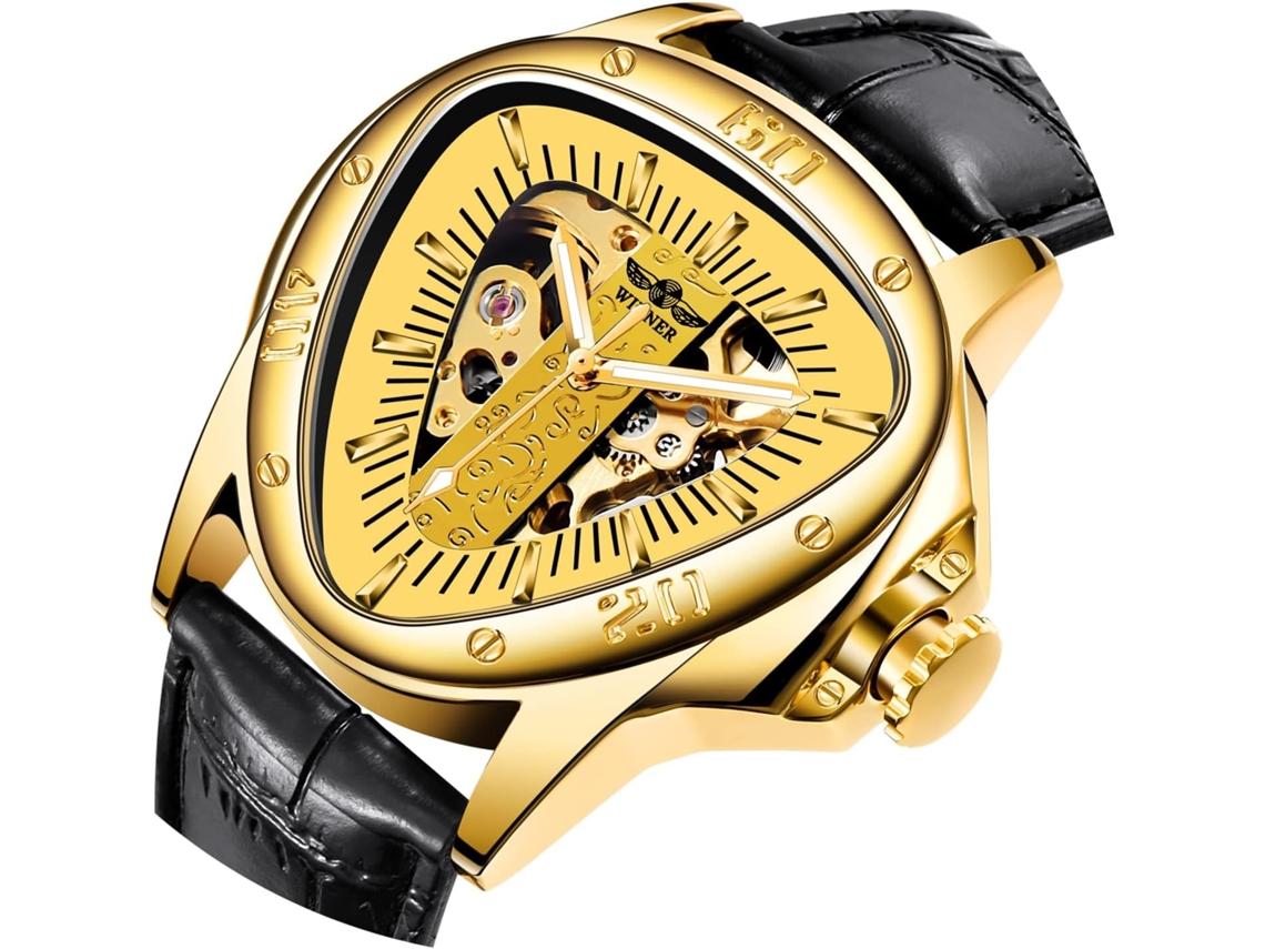 Lurelia Relógio Mecânico Masculino, Automático, Luminoso, Mostrador Esqueleto, 46 Mm, Couro, Resistente À Água, Prata, Dourado