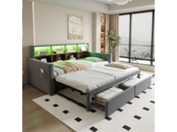 Sofá-cama Retrátil 90/180x190cm, Cabeceira Com Nichos, Luz Led, Tomadas, Duas Gavetas E Ripas, Veludo Cinza Escuro.