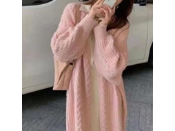 Cardigã de Malha Waffle Feminino Gola V Manga Longa Casual Inverno Outono Branco Cinza Escuro Rosado