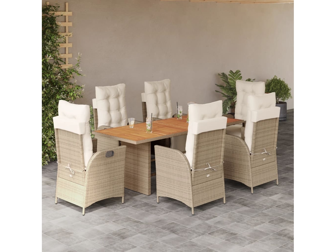Vidaxl 7 Pcs Conjunto de Jantar P/ Jardim com Almofadões Vime Pe Bege