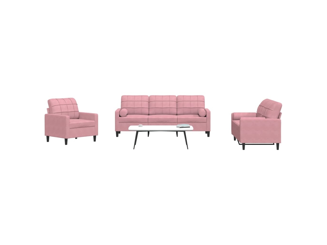 Vidaxl 3 Pcs Conjunto De Sofás Com Almofadões E Rolos Veludo Rosa
