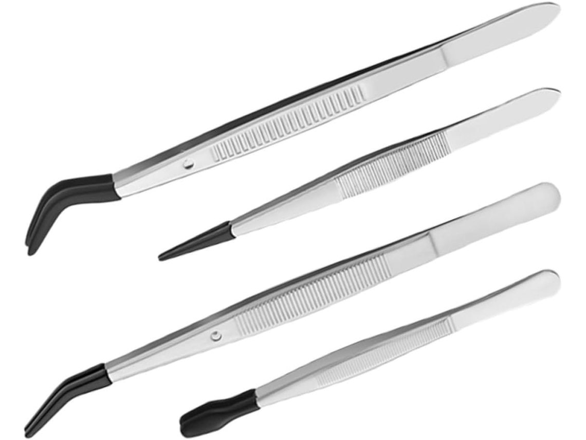 Conjunto de 4 pinças antiderrapantes em aço inoxidável para extensões Selos, Moedas e Cilios, ideais para o trabalho.