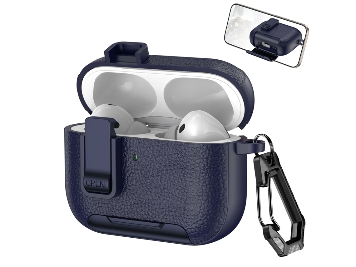 Capa em Couro Vegano para Airpods Pro 2 com Mosquetão, Compatível com Carregamento Sem Fio Azul PANOONA