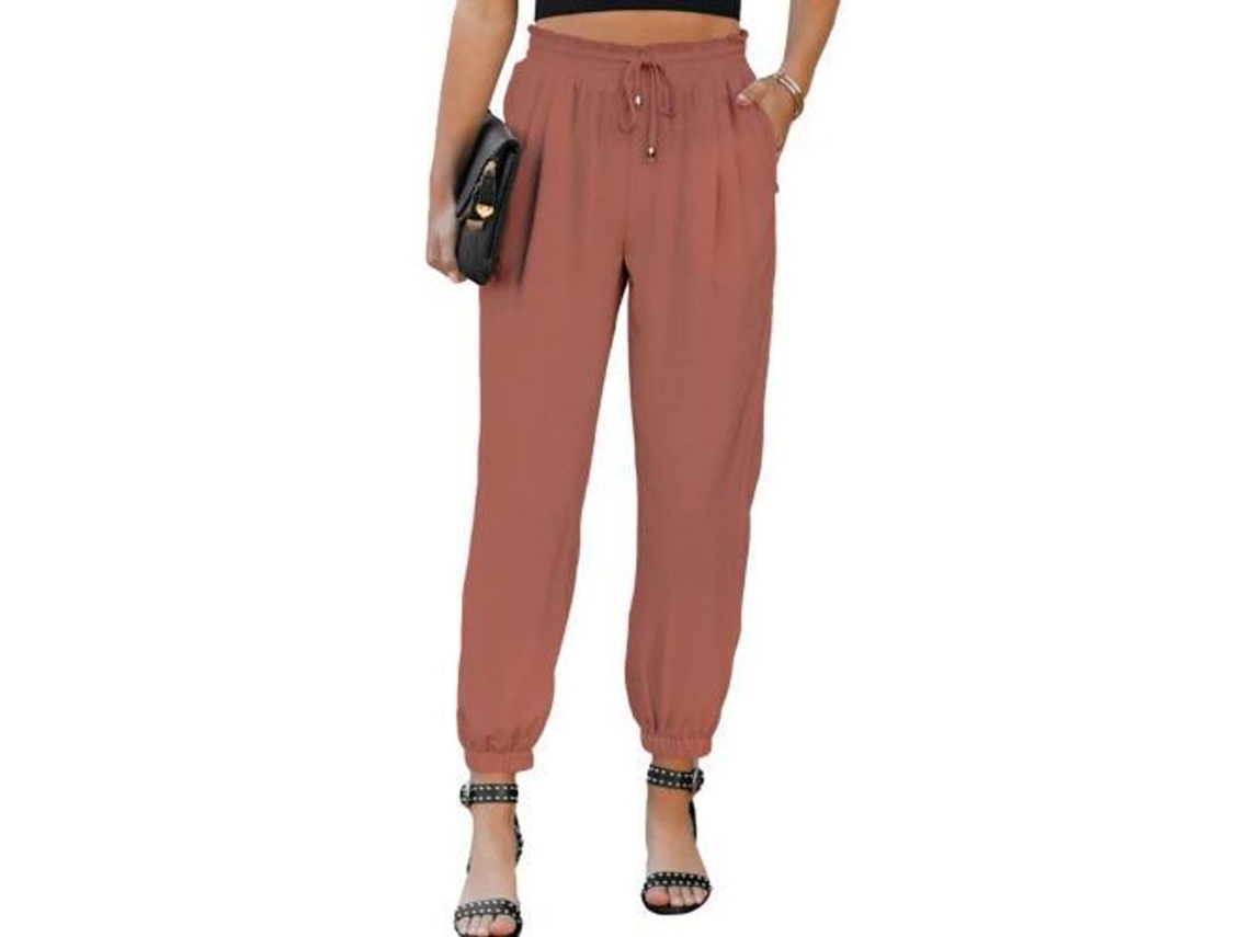 2026 pantalones Casuales Largos de Lino Con Cintura Elástica Y Bolsillos para Mujer XL Caqui