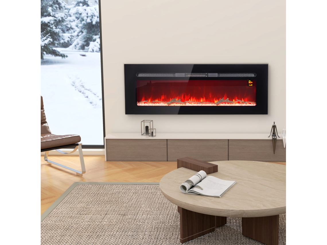 Lareira Elétrica Com Suporte De Parede E Controle Remoto, Troncos Madeira Cristais Artificiais, Potência 1800w, Preta