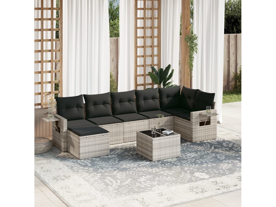 8 Pcs Conj. Sofás Jardim C/ Almofadões Vime Pe Cinza Claro Dkd Home Decor