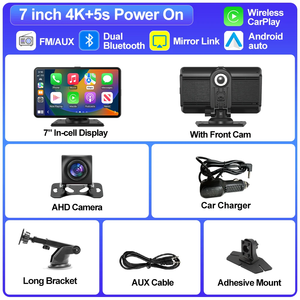 (dvr-ahd) Dvr Para Carro, 7 Polegadas, 4k, Carplay Sem Fio, Gps Com Lente Dupla