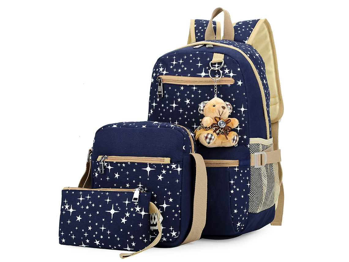 Mochila De Estudante De Quatro Peças, Impressão Em Tela, Mochila De Grande Capacidade, Preta, 27*17*44