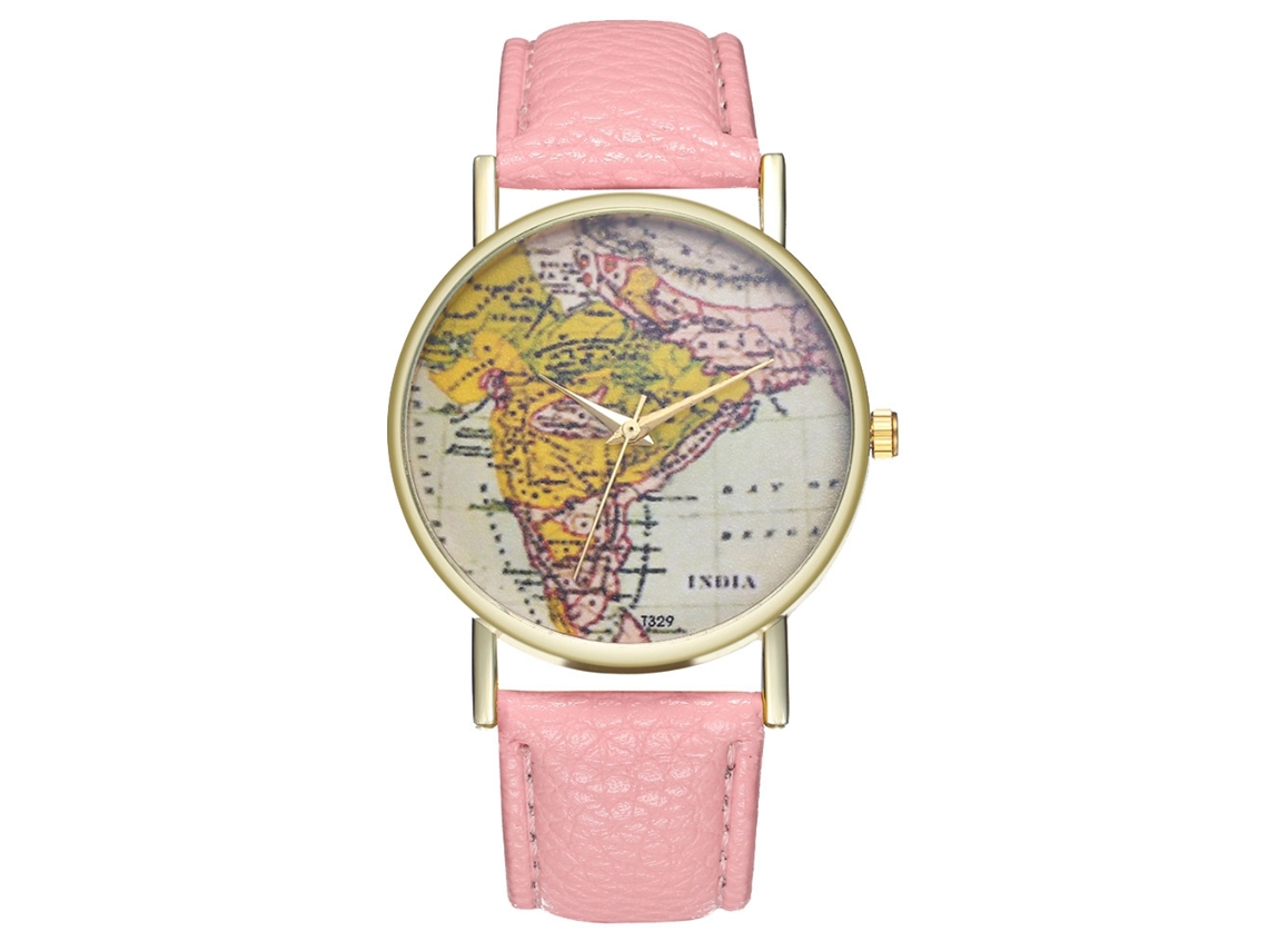 Relógio de Pulso Unissex com Padrão de Mapa Retro Pulseira de Couro Pu Rosa