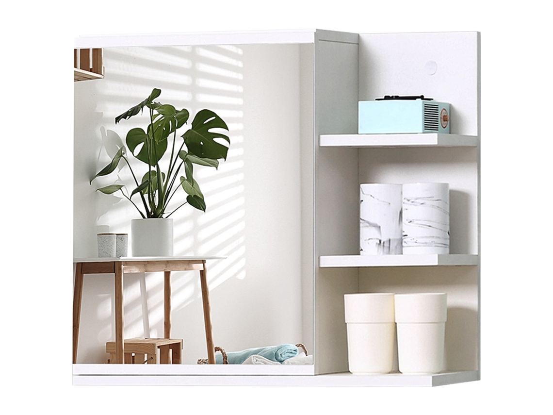 Espelho de Parede para Banheiro com Porta e 3 Prateleiras Laterais em Madeira.60x18x50cm.branco BTFORUS
