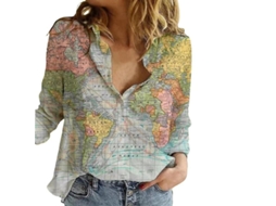 2026 blusa de Manga Longa para Mulher com Estampa de Mapa Mundial, Gola de Camisa, Casual, Verão, Algodão