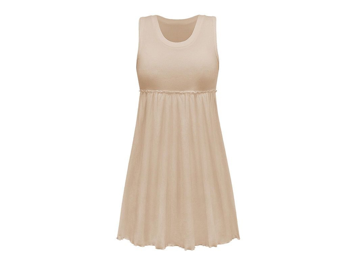 Vestido longo feminino sem mangas com gola redonda, estilo casual, em tecido macio e respirável, modelo 2026.