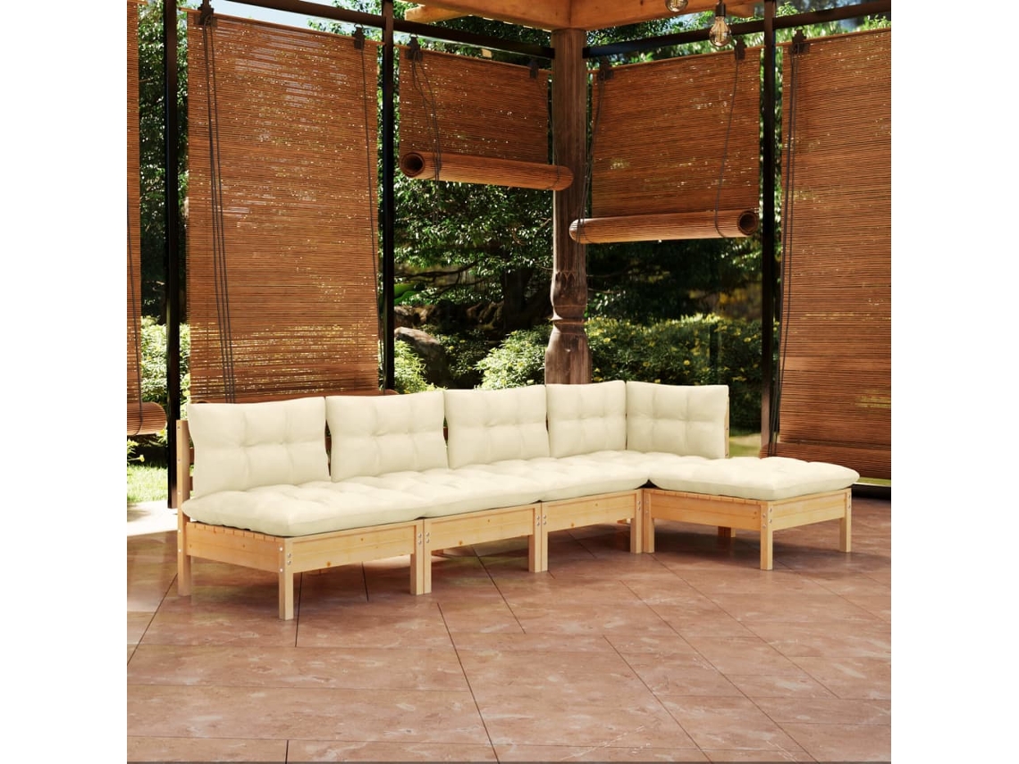 Vidaxl 5 Pcs Conjunto Lounge Jardim C/ Almofadões Cor Creme Pinho