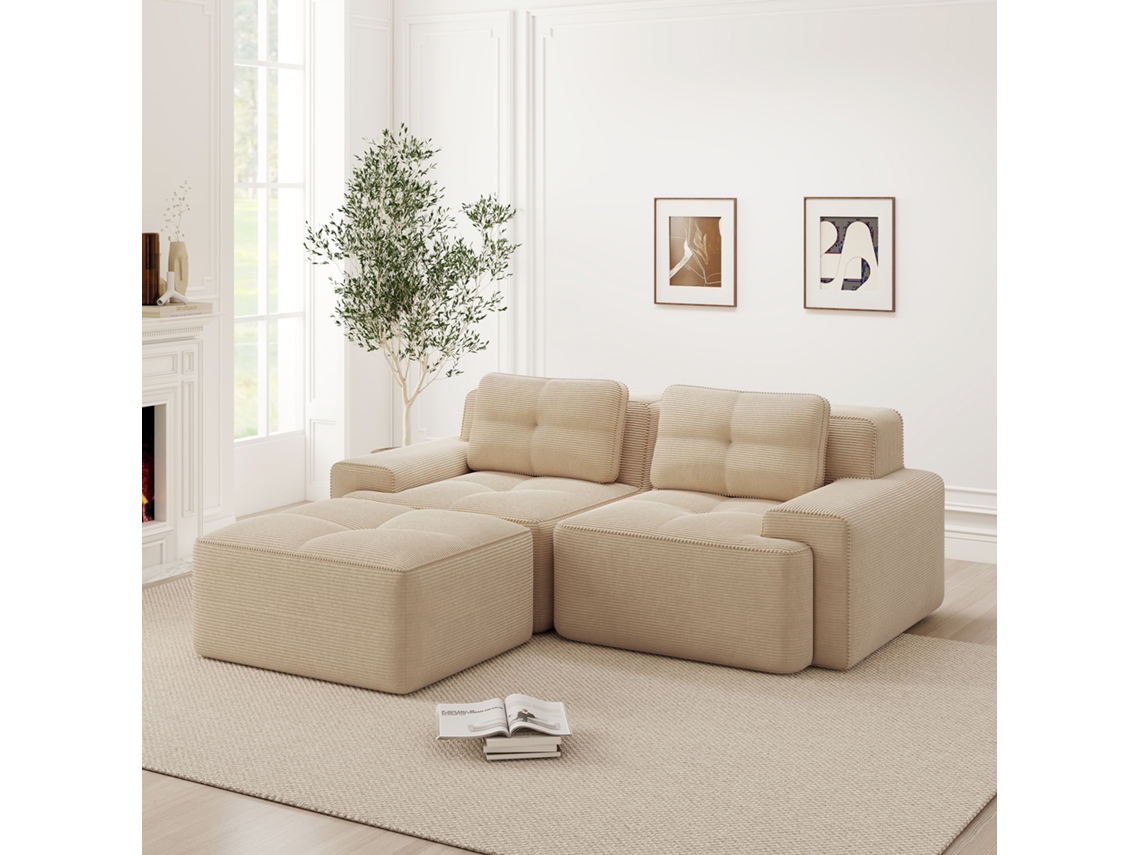 Sofá Modular Cloud Bege L, Sem Ossos, Com Puff, 2l, Assento Profundo. Cs