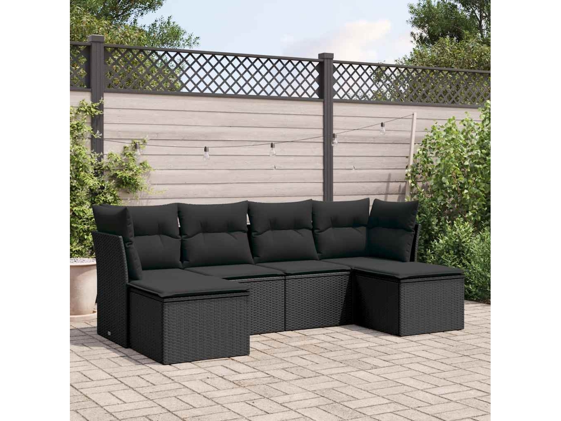Vidaxl 6 Pcs Conjunto Sofás De Jardim C/ Almofadões Vime Pe Preto