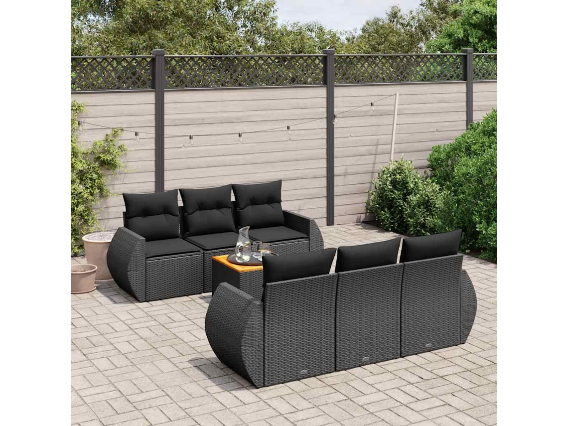 Vidaxl 7 Pcs Conjunto De Sofás P/ Jardim C/ Almofadões Vime Pe Preto