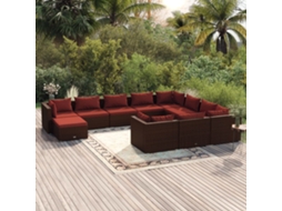 Vidaxl 11 Pcs Conjunto Lounge Jardim C/ Almofadões Vime Pe Castanho