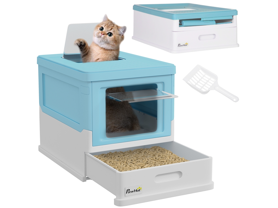 Caixa de Areia Fechada para Gatos com Pá, Bandeja Removível e 2 Portas, 47,5 X 35,5 X 36,7 Cm, Azul. ESSÊNCIACASA