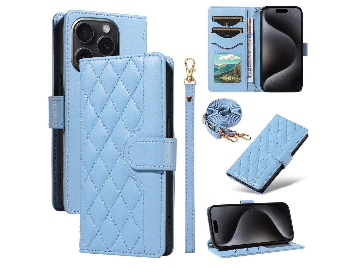 Capa Pega Para Iphone 15 Pro Pele Sintética Azul