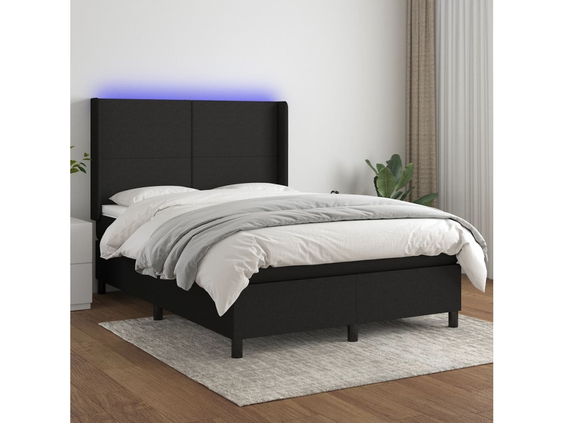 Cama Box Spring C/ Colchão E Led 140x190 Cm Tecido Preto