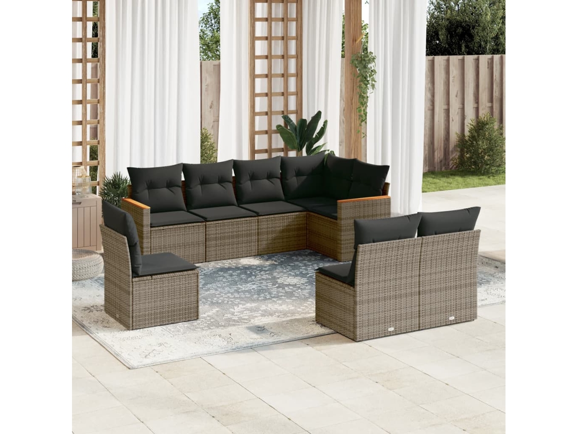 Vidaxl 8 Pcs Conjunto Sofás De Jardim C/ Almofadões Vime Pe Cinzento
