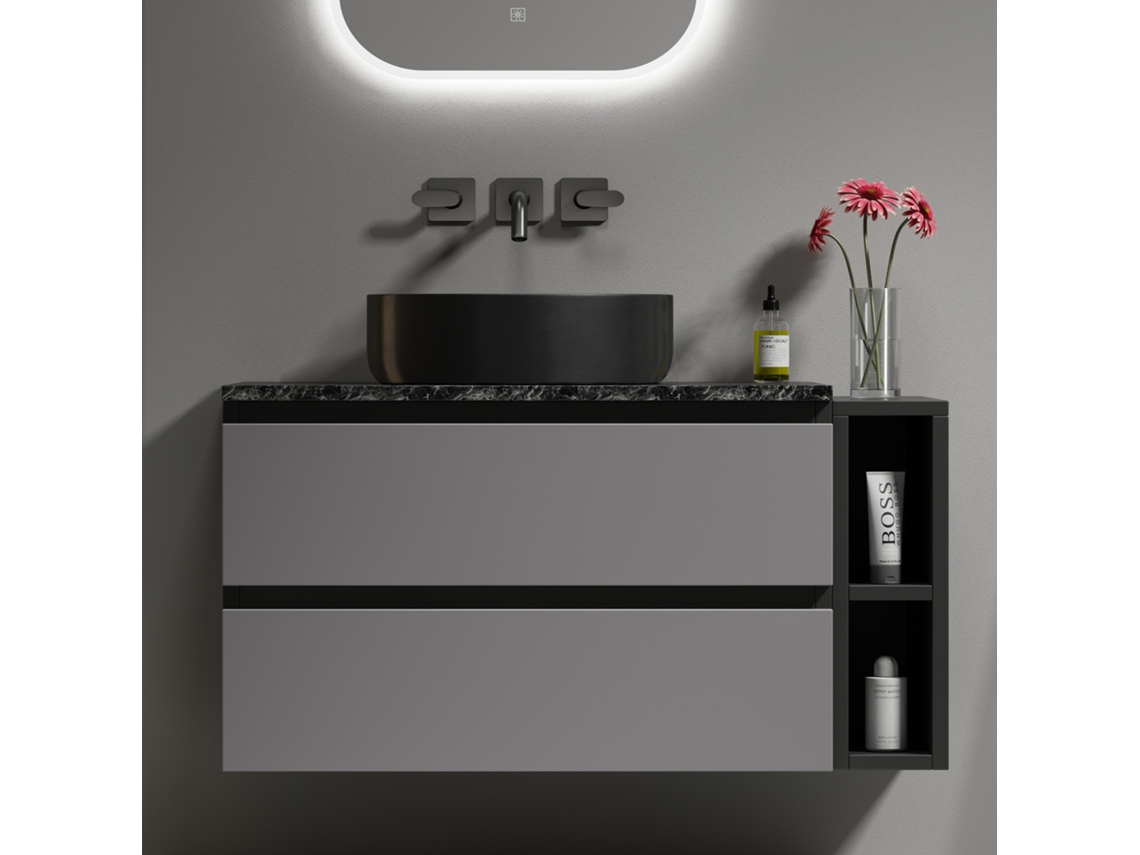 Móvel de Lavatório Suspenso, 80 cm de Largura, com Pia de Cerâmica, com Gavetas, Design Moderno, Preto e Cinza BGA STORE