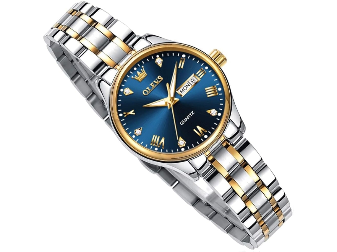 Relógio de Quartzo de Couro Multifuncional Feminino Cronógrafo Luminoso À Prova DÁguarosto Azul Prateado