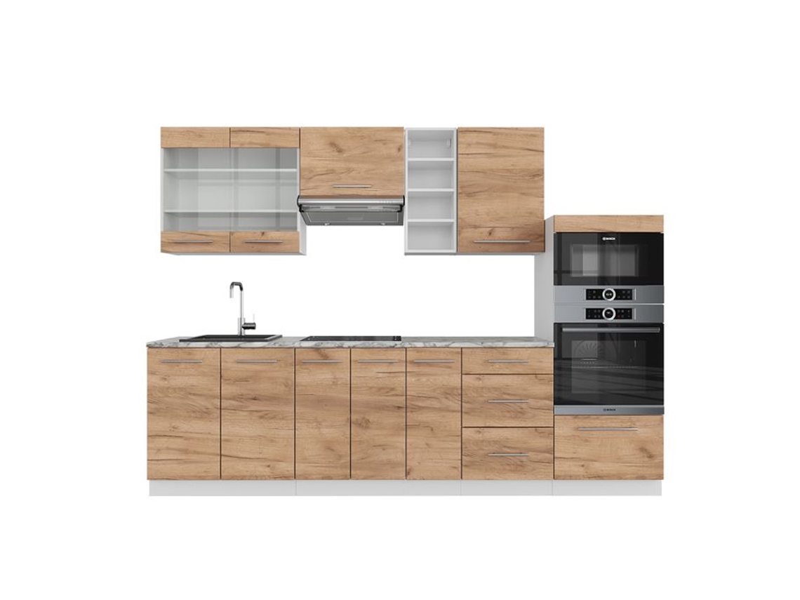 Cozinha Fame-Line, 280 cm, Mármore PT, Carvalho dourado/branco, VICCO