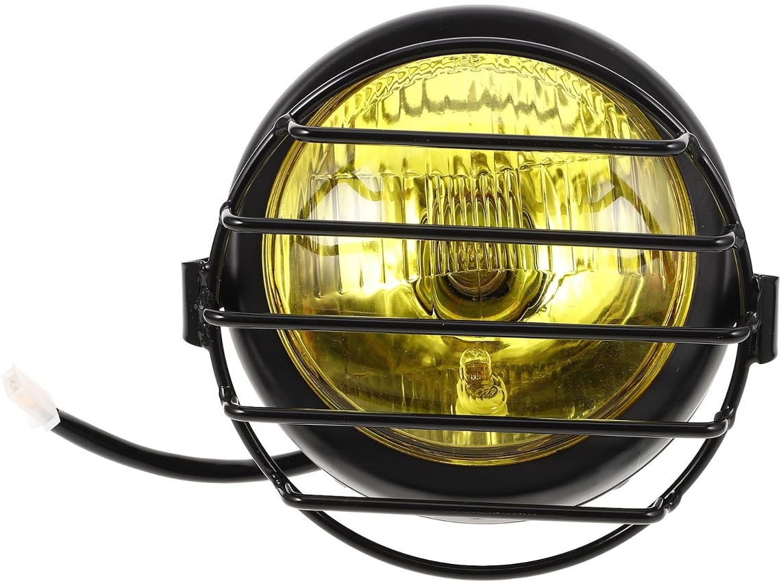 Lanterna vintage redonda preta para motocicleta, feita de metal e vidro, com visibilidade clara.