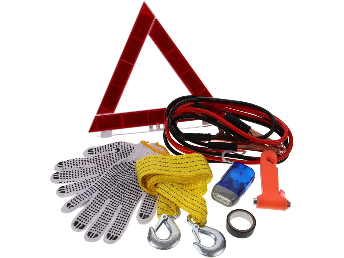 Kit compacto e multifuncional de assistência rodoviária com 8 peças para carros e ferramentas.
