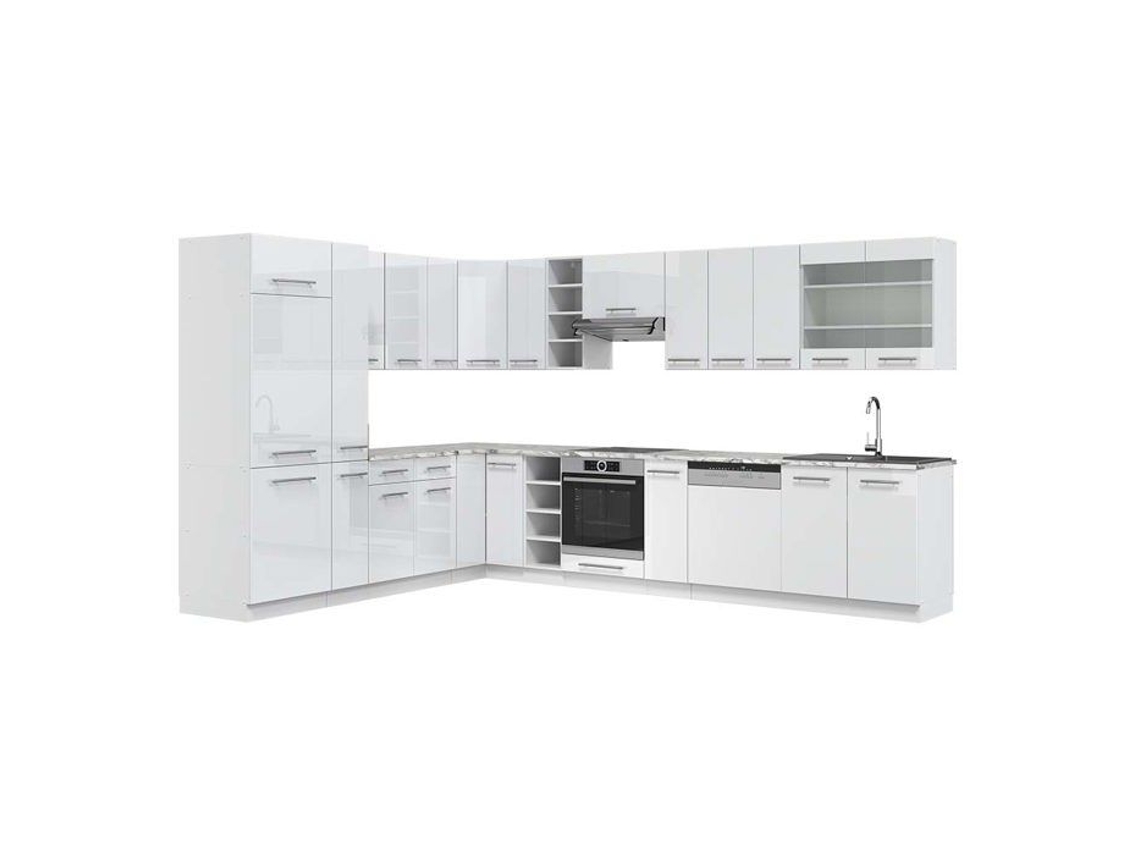 Cozinha de canto Fame-Line, 347 x 257 cm, Mármore PT, branco brilhante/branco VICCO