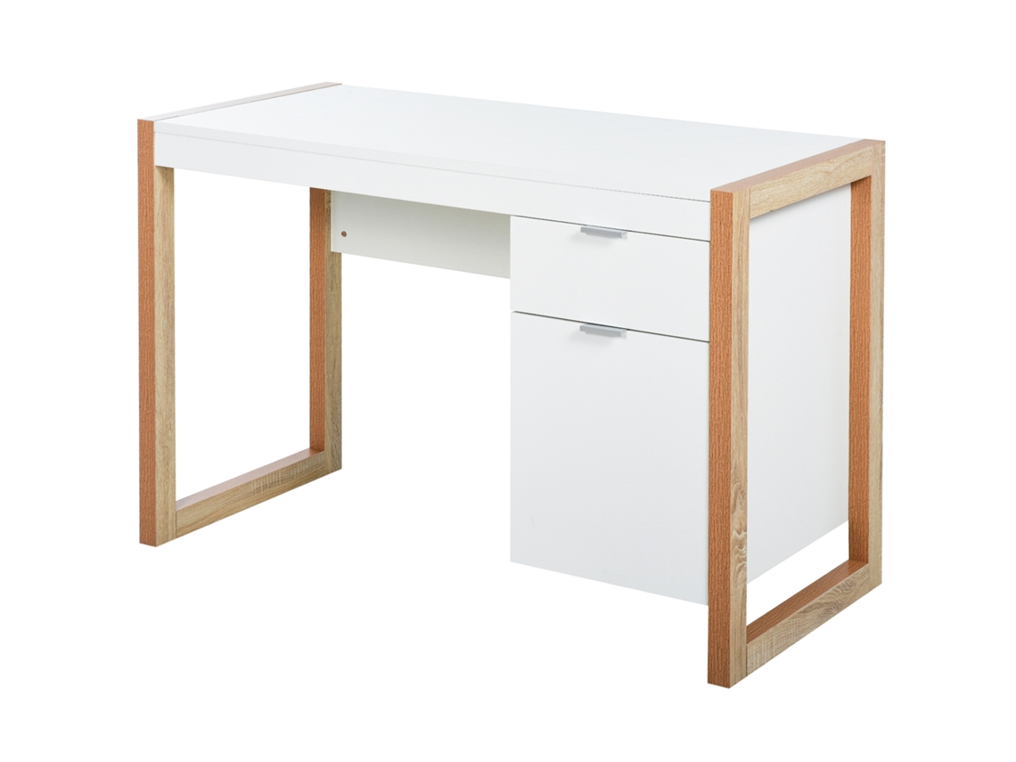 Mesa de Computador com Gaveta, Armário e Pés em Forma Retangular,112.5x50x75.5cm,Branco e Madeira | S/MARCA
