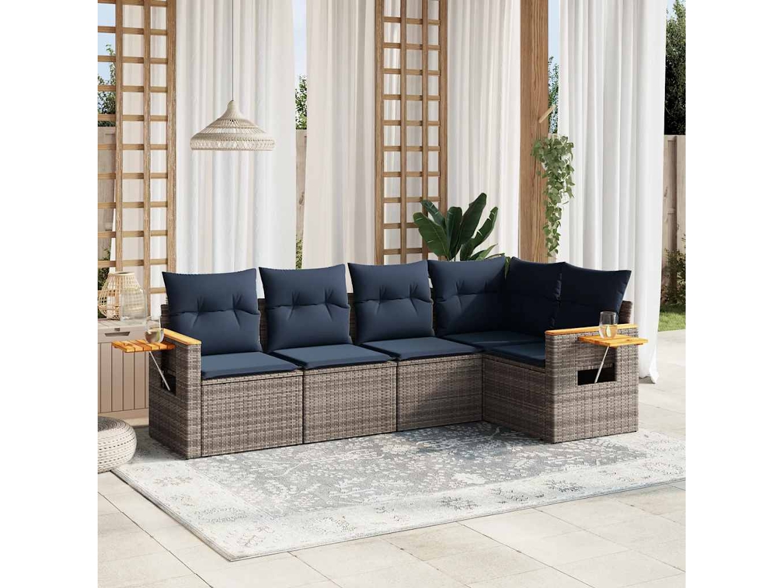Vidaxl 5 Pcs Conjunto Sofás P/ Jardim C/ Almofadões Vime Pe Cinzento