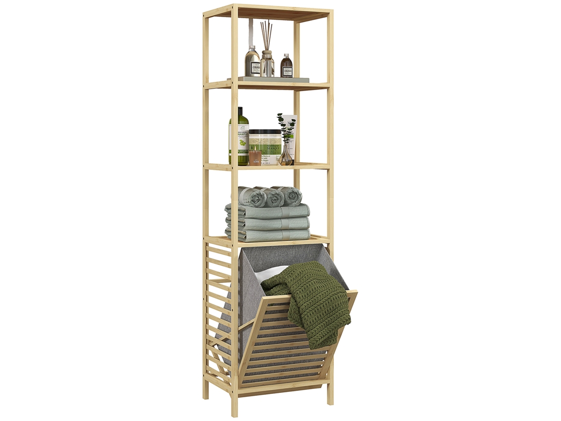 Coluna de banheiro com 3 prateleiras em Madeira de Bambu e cesta de roupa suja 44x33x160cm | S/MARCA