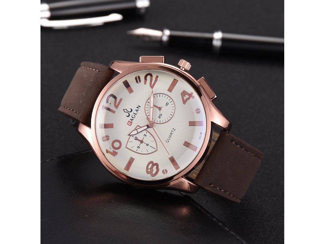 Reloj Digital Clásico De Moda Para Hombres Con Dial Redondo Cuero Pu Cuarzo Marrón Oscuro