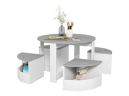 Conjunto de Mesa Infantil e 4 Banquetas Compactas com Espaço de Armazenamento em Madeira, Cinza CHEZMOI