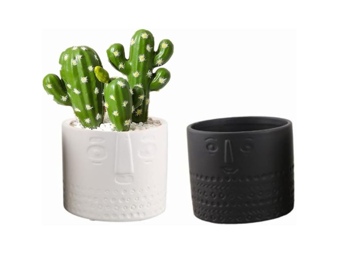 Macetas De Cerámica Para Suculentas Con Diseño De Cara - Blanco Y Negro - Sala De Estar Y Oficina