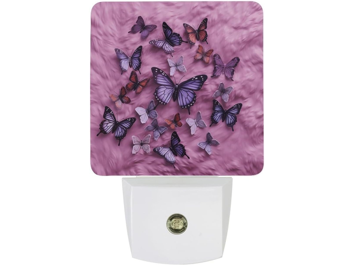 Luminária noturna de LED Tomada, com estampa de borboleta em fundo vermelho, sensor crepuscular, ideal para corredores.